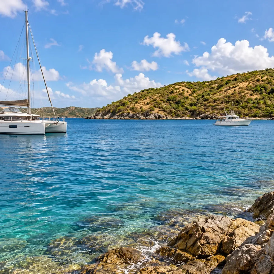 A sailing catamaran and motor cruiser rest on blue water, with clear shallows and sunlit rocks in the foreground.