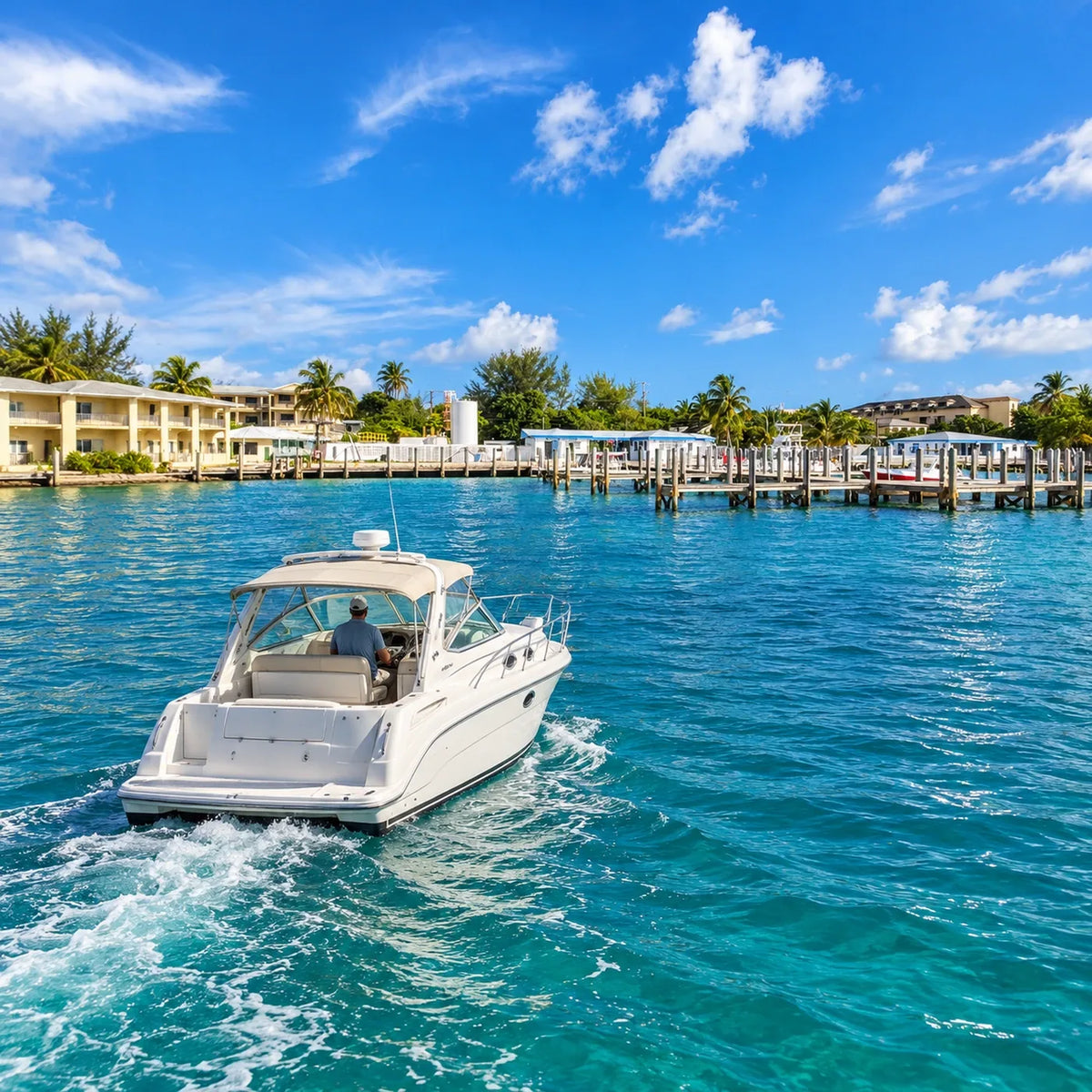A white cabin cruiser leaves a small wake across blue-green water toward docks, palms and low waterfront buildings.