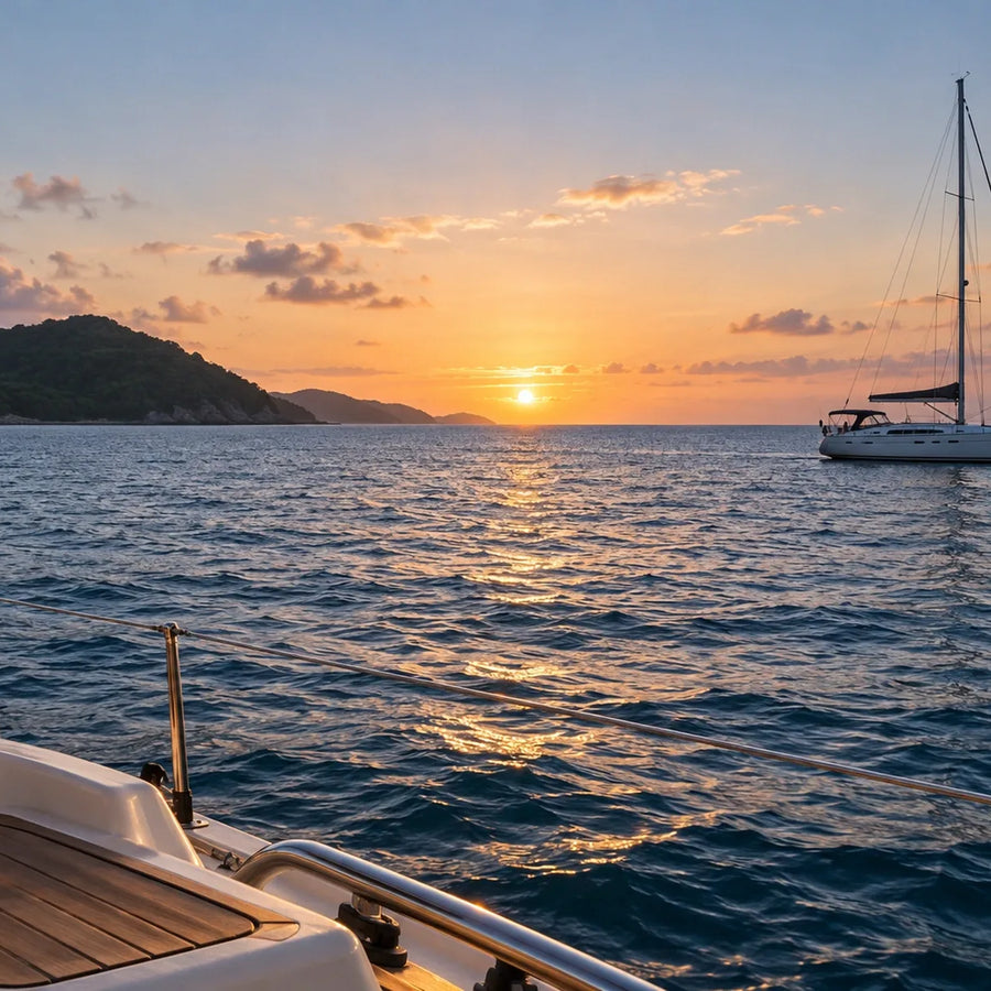 Mug on a teak cockpit surface overlooking rippled water, a sailboat and a coastal silhouette at sunset.