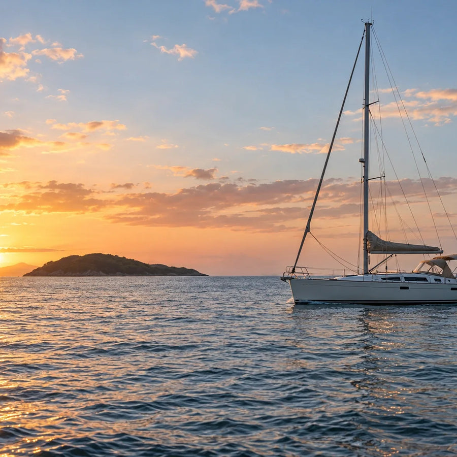 White single-mast sailboat with furled sails beneath peach clouds, with sunset reflections across rippled water.