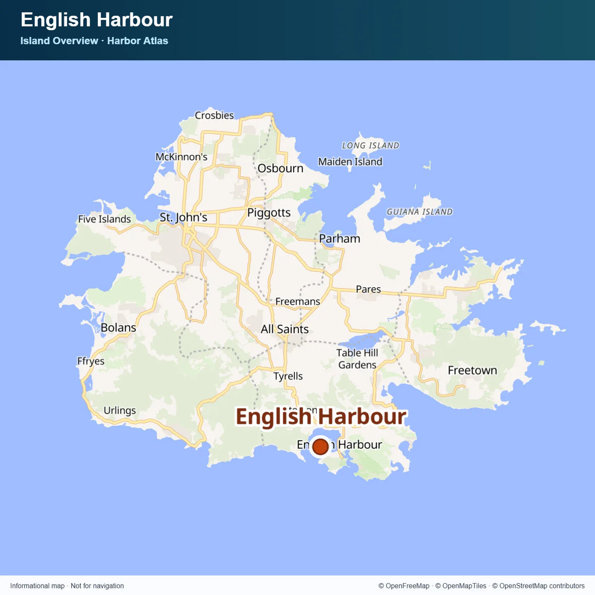 Overview map of English Harbour on the island of Antigua, Antigua and Barbuda.