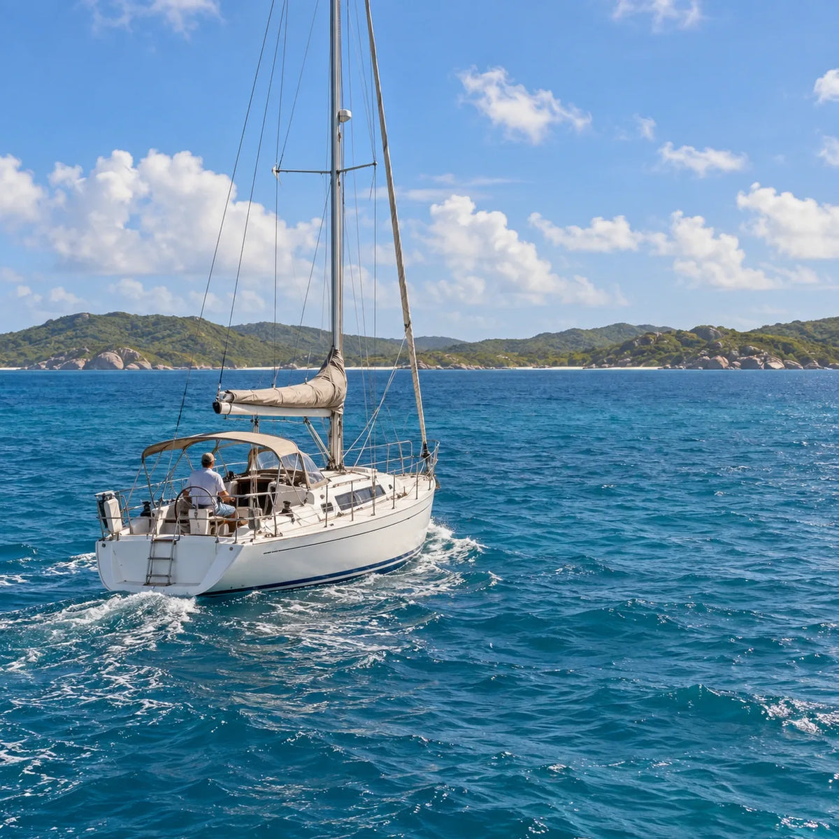 A white sailboat with furled sails leaves a small wake beneath a blue sky, with a green coastline ahead.