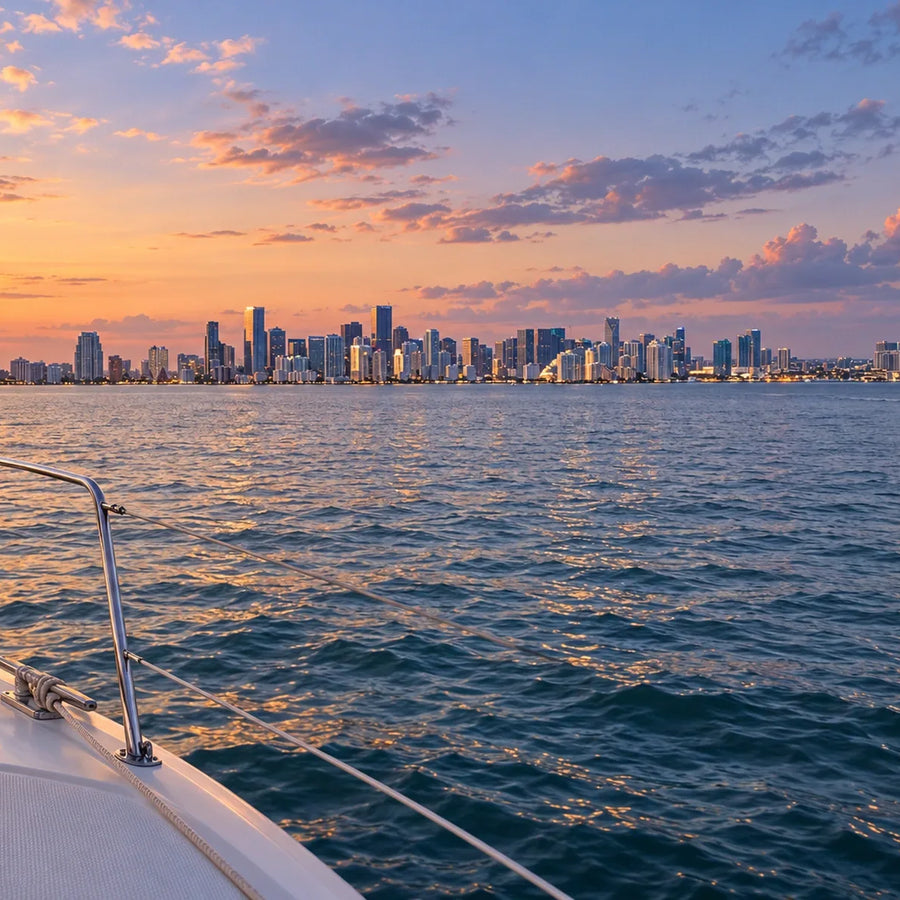 A sailboat’s foredeck frames rippled water and a distant skyline beneath peach and lavender clouds, with a small powerboat to the right.