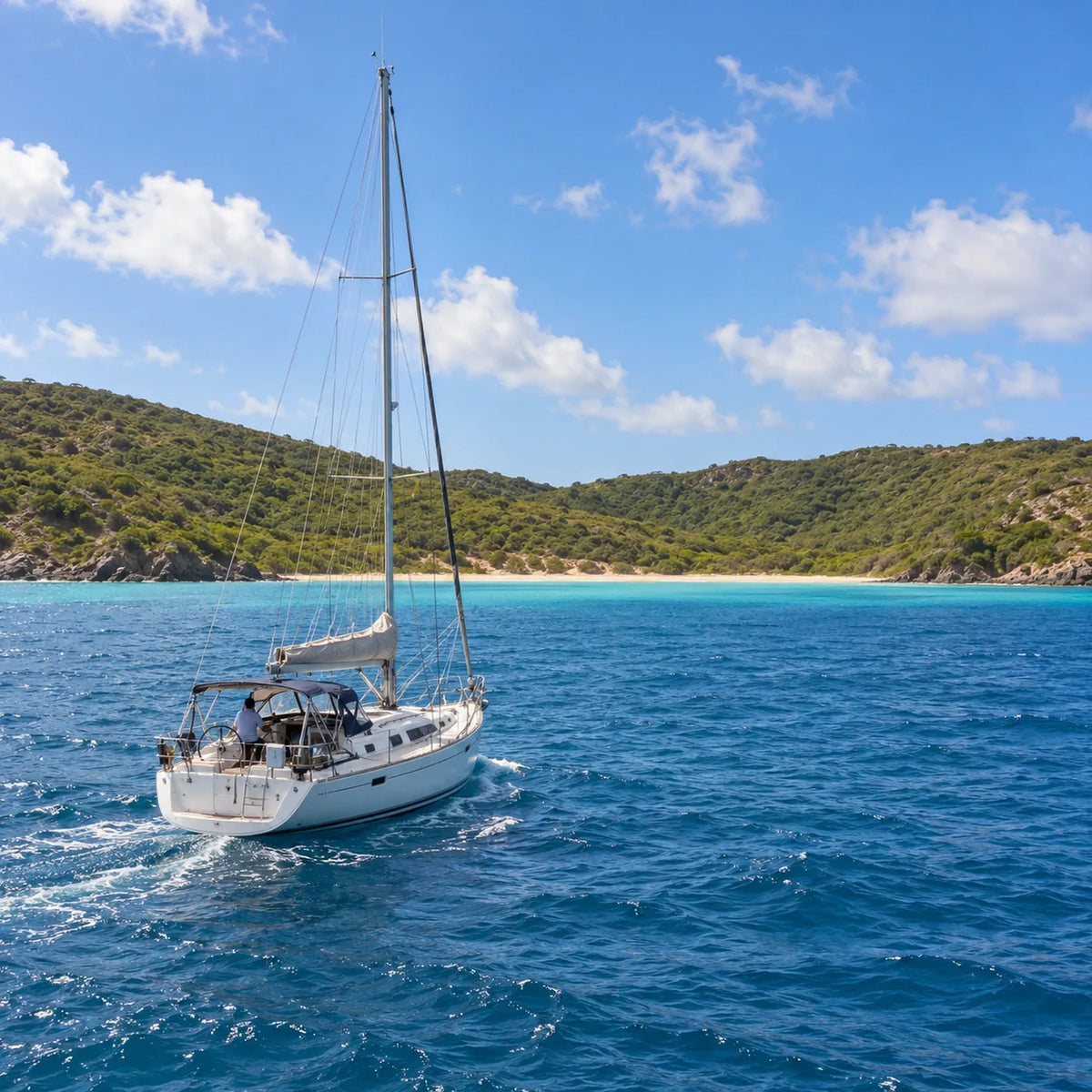 Recreational cruising vessel approaching the green, hilly coastline of White Bay, Jost Van Dyke.