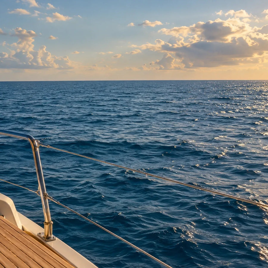A wooden cockpit seat and stainless railing frame blue water beneath softly lit clouds.