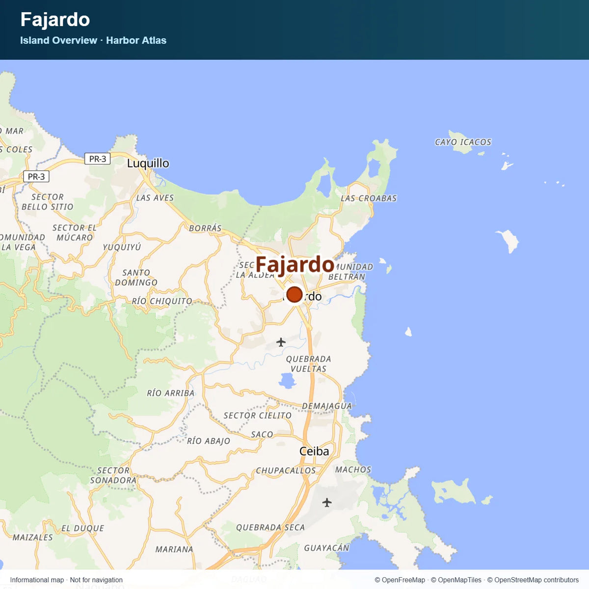 Map showing Fajardo’s location on the eastern coast of Puerto Rico.