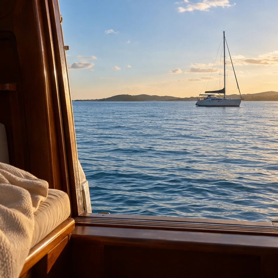 View through a wooden cabin opening toward a sailboat on gently rippled water in warm afternoon light.