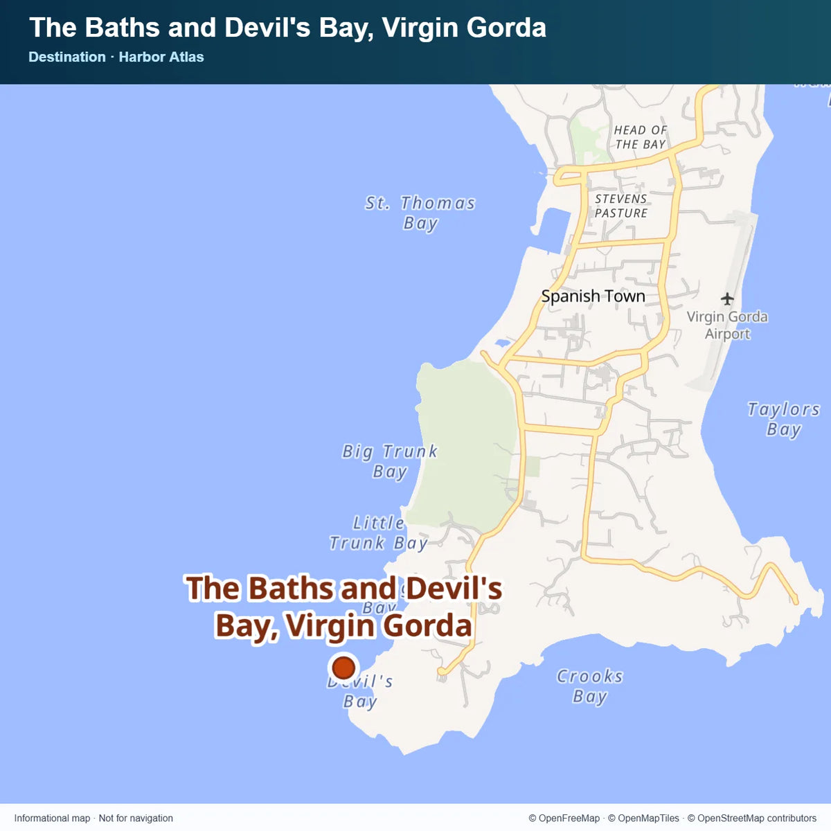 Map of southern Virgin Gorda showing a destination marker near The Baths and Devil’s Bay, south of Spanish Town.
