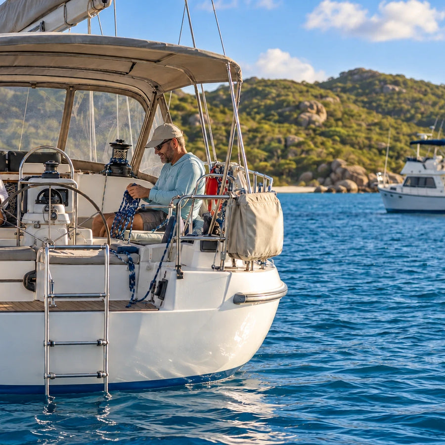 Two people relax in a sailboat cockpit on blue water, with a power cruiser and green shoreline behind them.