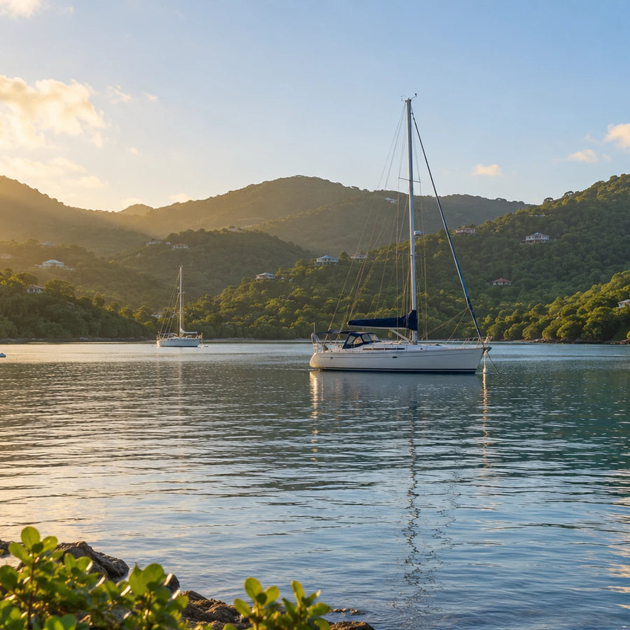 Anchored sailboats and a power cruiser on calm water beneath the green hills of Soper’s Hole.