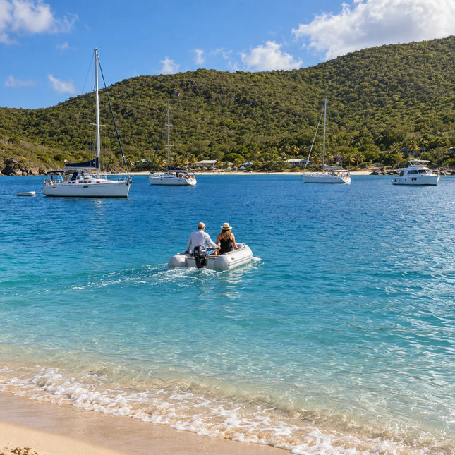 Two people in a dinghy travel across blue water, with sailboats, a power cruiser, and a green shoreline beyond.