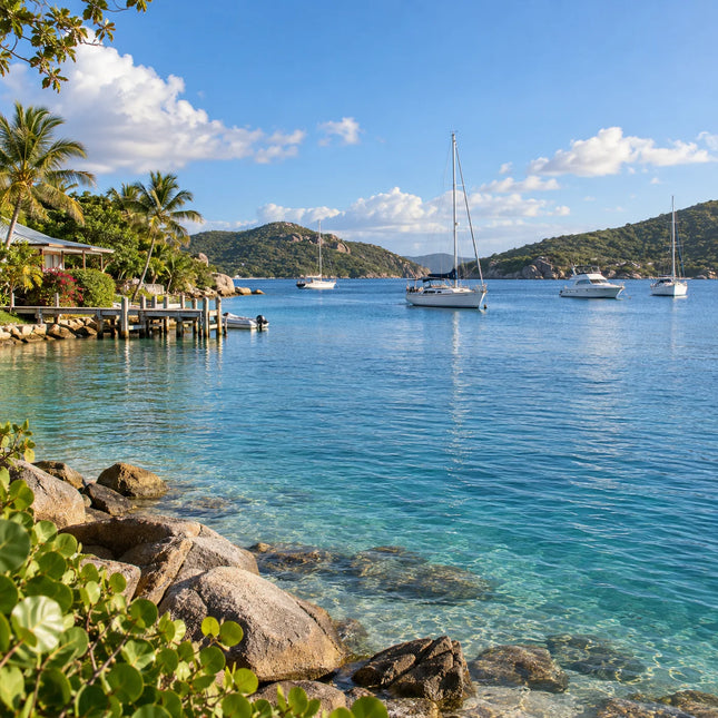 Sailboats and a power cruiser on calm blue water beside a tropical shoreline and small dock
