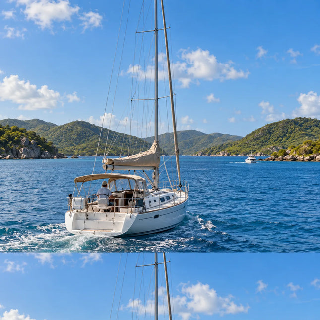 View from behind a white sailboat underway on blue water, with green hills ahead and a distant powerboat.