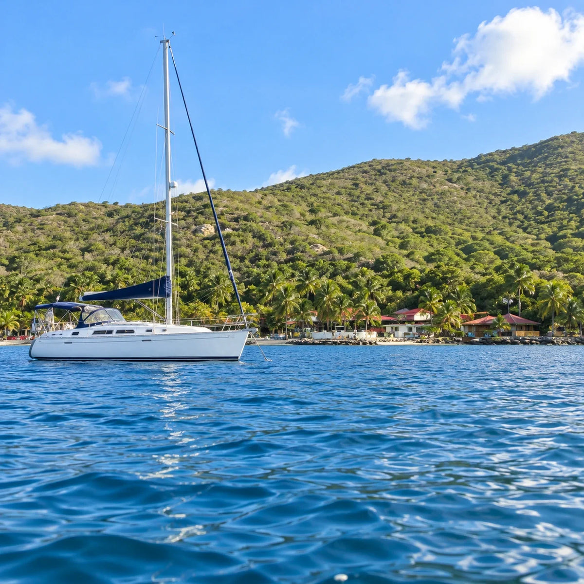Water-level view of a white sailboat on rippling blue water, with red-roof buildings, palms and a green hillside behind.