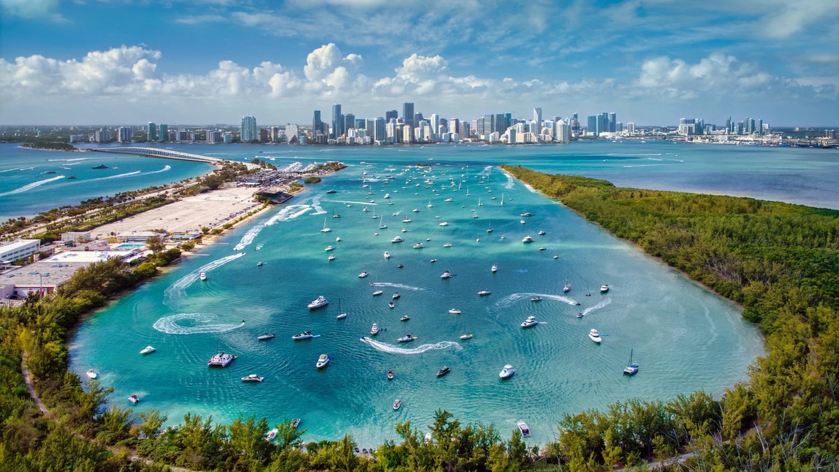 Boats dot blue-green water between a developed shoreline and mangroves, with a city skyline beneath scattered clouds.