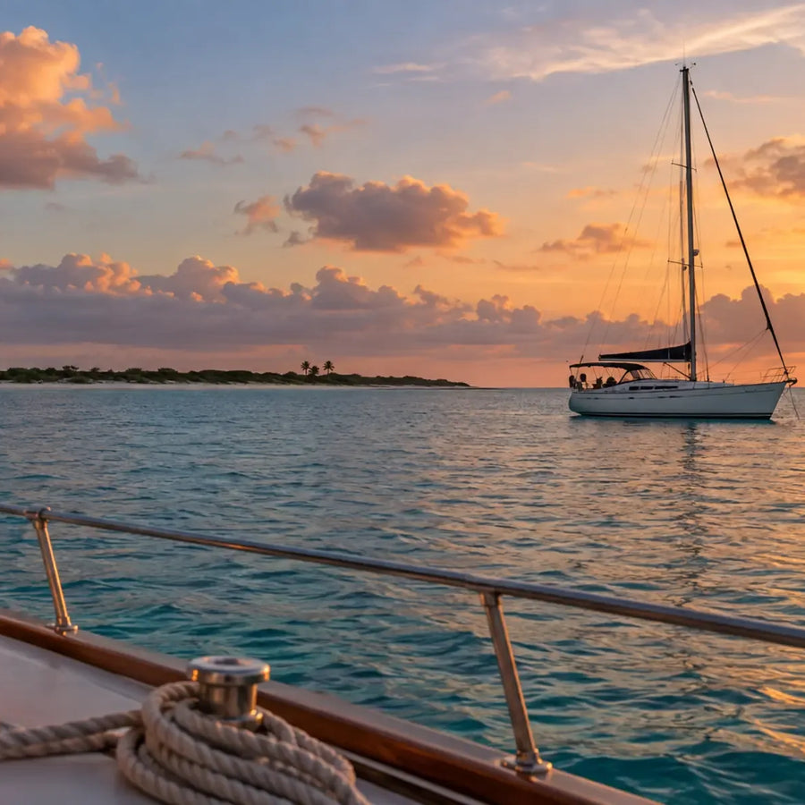 View from a boat toward an anchored sailboat at sunset, with gently rippled water and a low sandy shoreline in the distance.