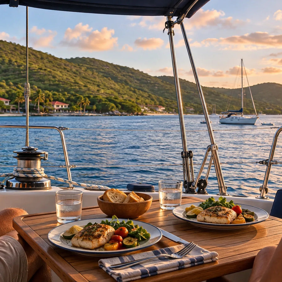 Dinner for two on a sailboat’s cockpit table, with rippling bay water, a distant sailboat and green hills in warm evening light.