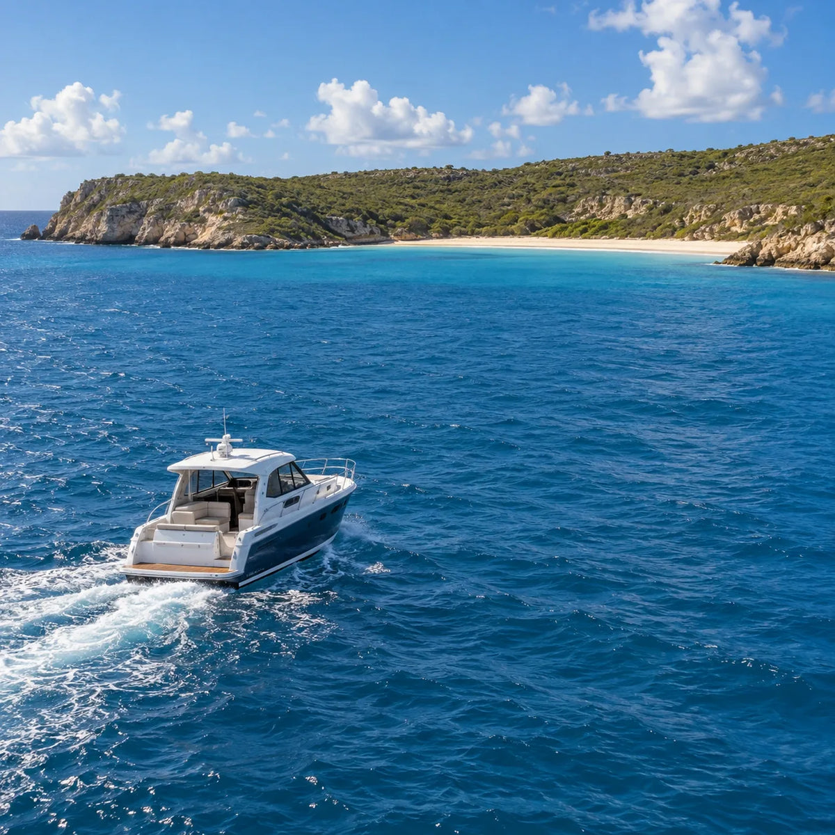 A white cabin cruiser leaves a short wake across blue water, with a sandy beach and low green hillside ahead.
