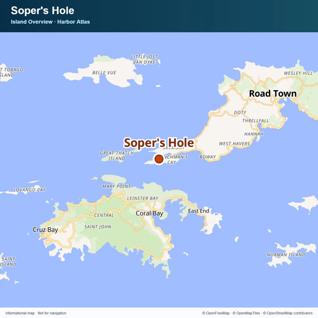 Map of western Tortola and nearby islands marking Soper's Hole at West End, with Road Town to the east and St. John to the south.