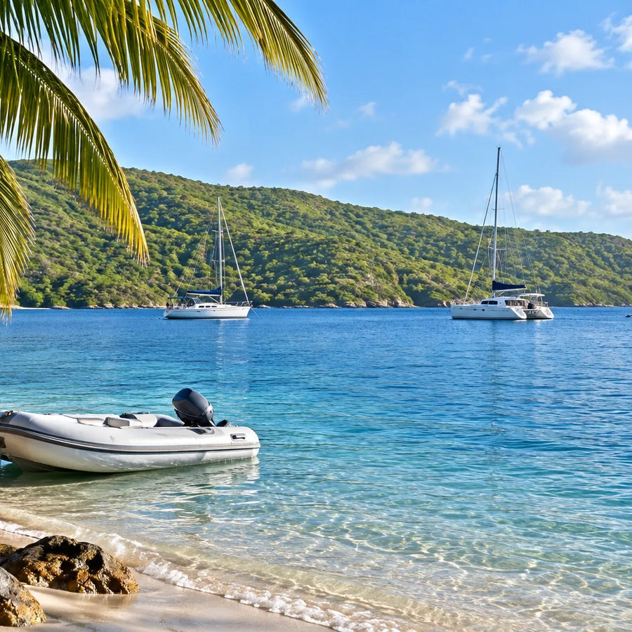 Palm fronds frame a gray inflatable tender in shallow water, with three cruising boats and a green hillside beyond.