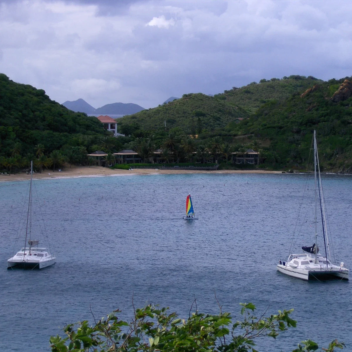Two white cruising catamarans and a small multicolored sailboat off a palm-lined beach beneath green hills.