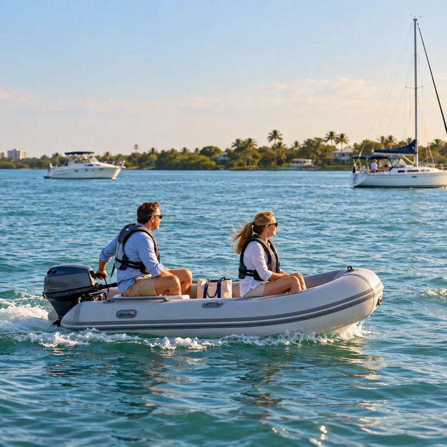Two adults wearing life jackets ride in a gray inflatable dinghy, with a sailboat, power cruiser and low waterfront beyond.