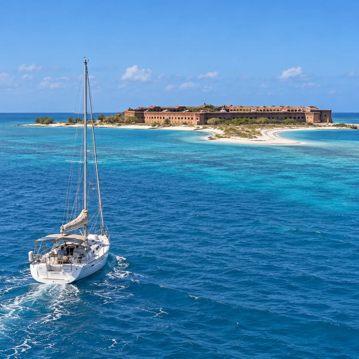Sailboat with furled sails viewed from behind, heading toward a low shoreline and brick fort.
