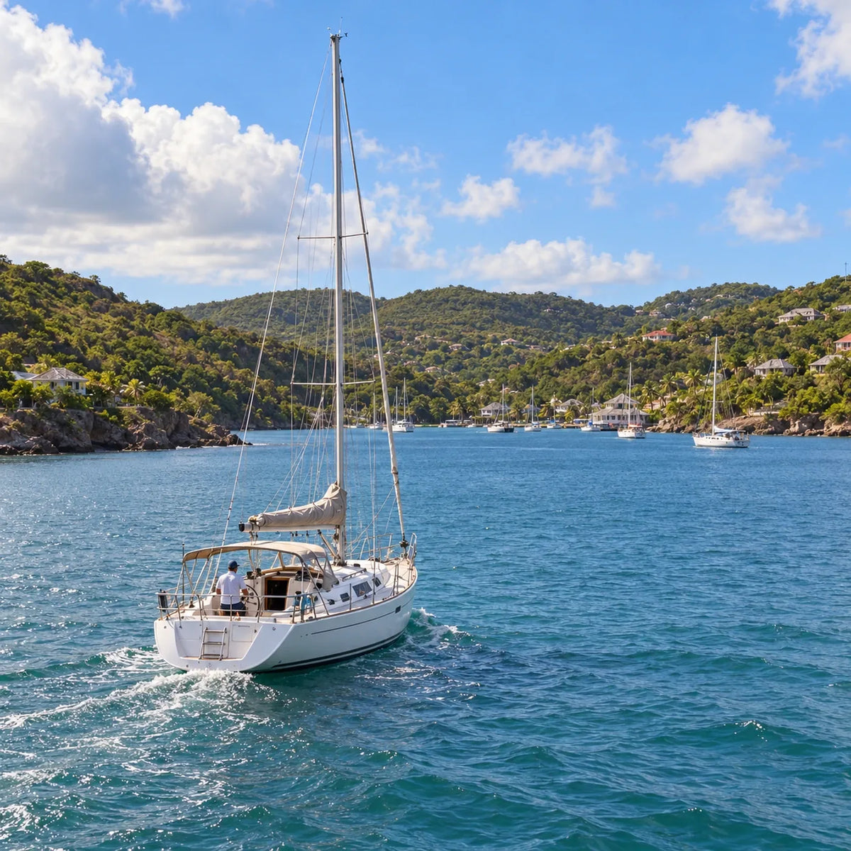 Cruising sailboat under motor, viewed from behind, with wooded hills and waterfront buildings ahead.