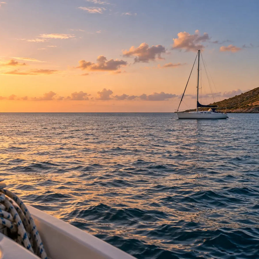 A sailboat rests beside a low island headland at sunset, viewed past a cockpit winch and rope across gently rippled water.