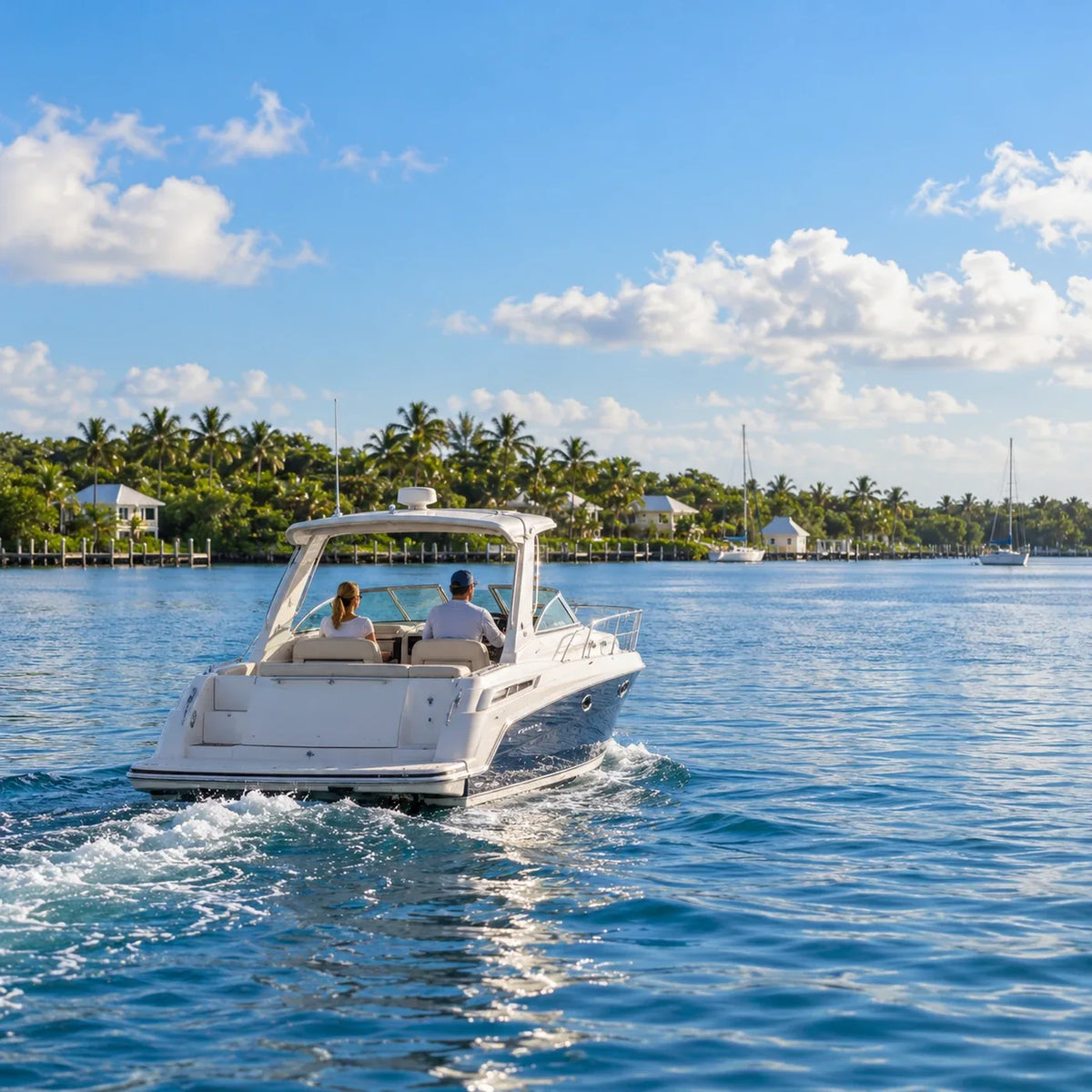 Two adults aboard a white power cruiser heading toward a palm-lined waterfront, with sailboats in the distance.