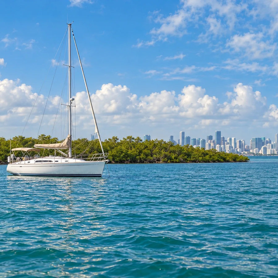 A white cruising sailboat rests beside low mangroves, with a second sailboat and distant city skyline across rippled blue-green water.