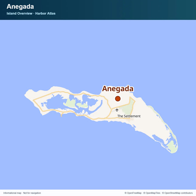 Map of Anegada showing its long, low island outline and a representative destination marker near The Settlement.