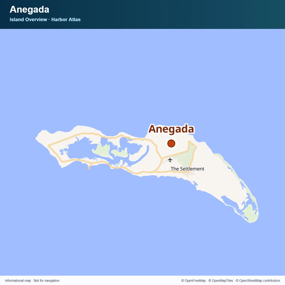 Map of Anegada showing its long, low island outline and a representative destination marker near The Settlement.