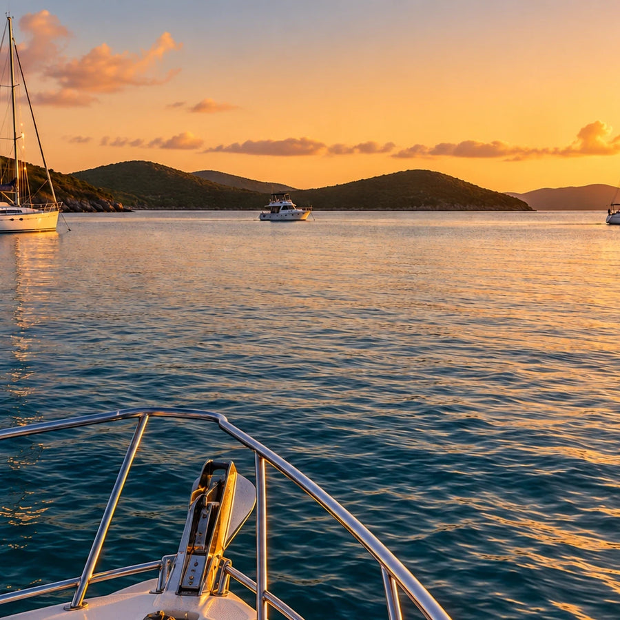 View over a boat’s bow toward two anchored sailboats and a power cruiser on calm water at sunset.