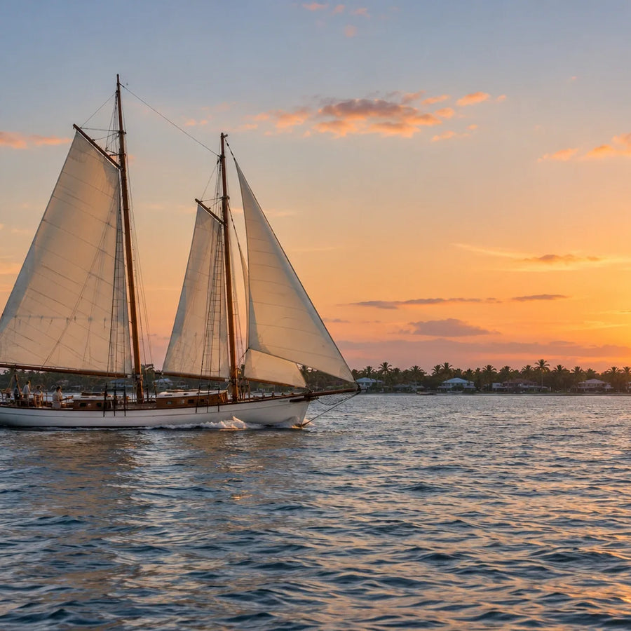 Two-masted sailing vessel with cream sails crossing rippled water beside a low island shoreline at sunset.