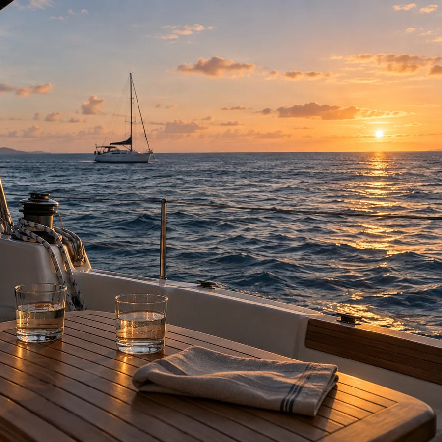 Two glasses on a wooden cockpit table overlooking rippled water, a distant sailboat and a softly glowing sunset.