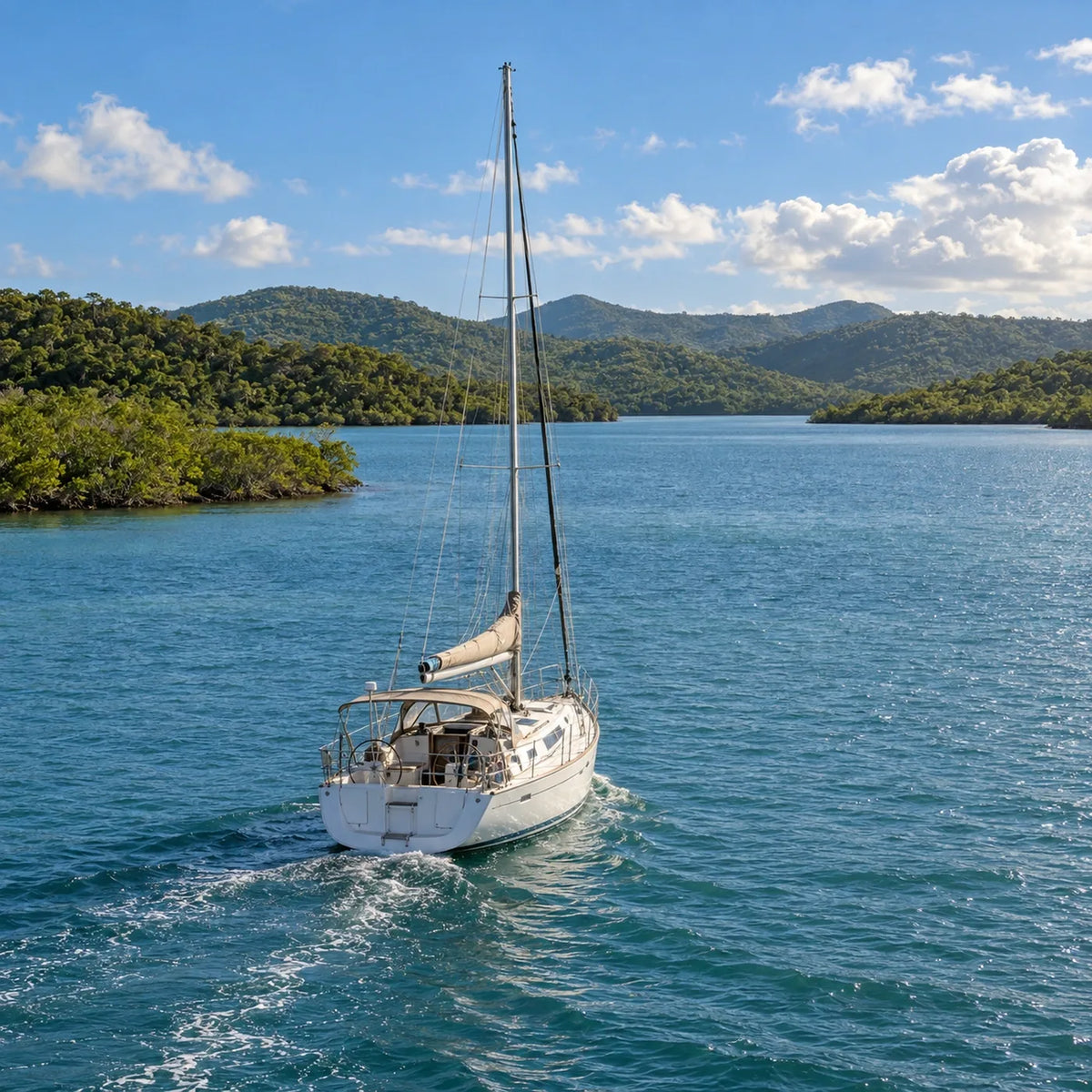Stern view of a white sailboat with furled sails, leaving a gentle wake toward a green, hilly coast.