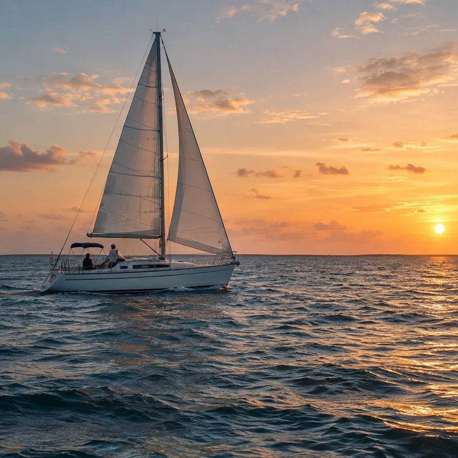 A white cruising sailboat with two people aboard crosses rippled water as the low sun casts golden reflections.