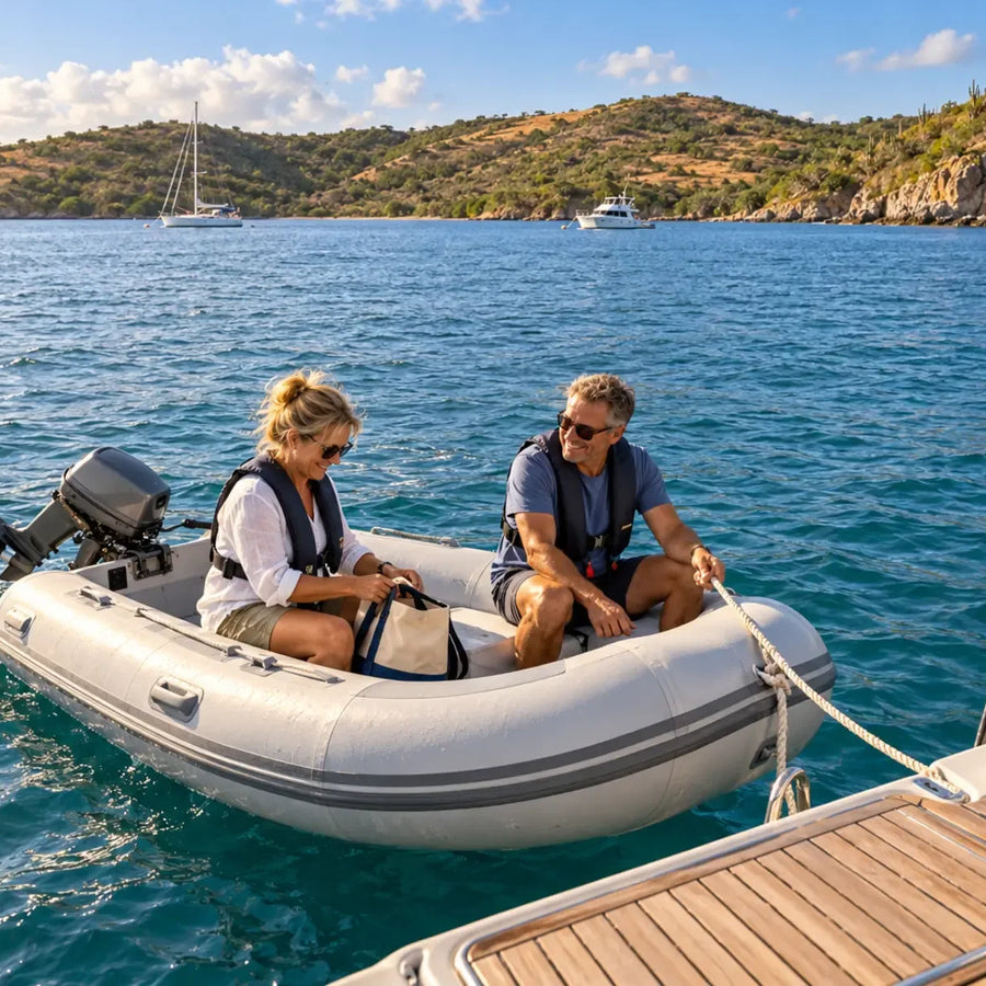 Two boaters wearing life jackets sit in an inflatable dinghy beside a swim platform, with cruising boats and scrub-covered hills beyond.