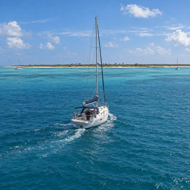 View from behind a cruising sailboat moving across blue water toward a distant, low shoreline.