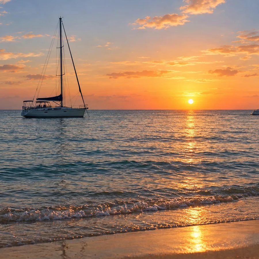 Two sailboats and a power cruiser beneath golden clouds, with the setting sun reflected across rippled water and wet sand.