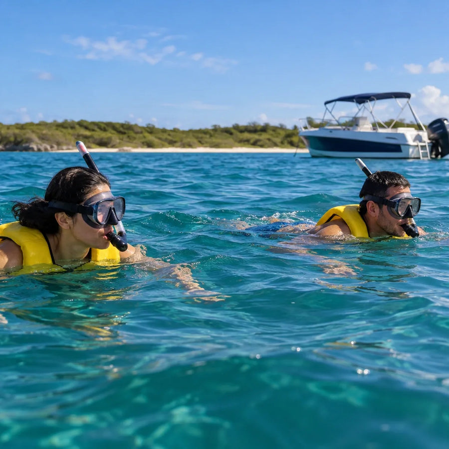 Two snorkelers wearing yellow flotation vests swim in blue-green water, with a small powerboat and low coastal vegetation behind them.