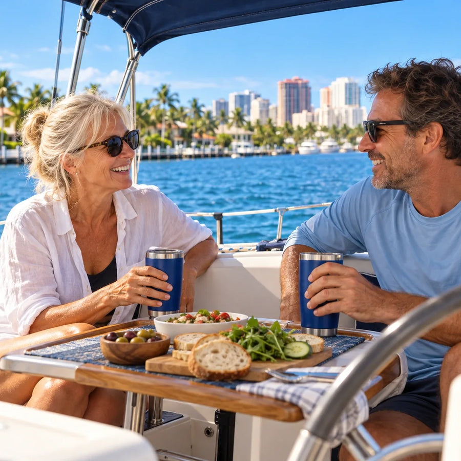 Two adults share lunch beneath a sailboat’s cockpit shade, with palms, waterfront homes and high-rise buildings beyond.
