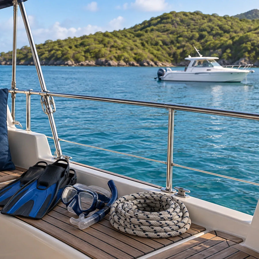 Fins, a mask and a coiled line on a teak cockpit bench, with a white powerboat across the water.
