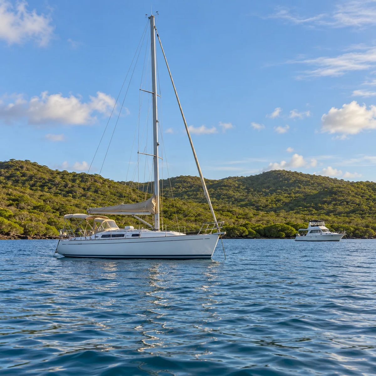A white sailboat and a power cruiser rest on gently rippled blue water beneath green coastal hills.