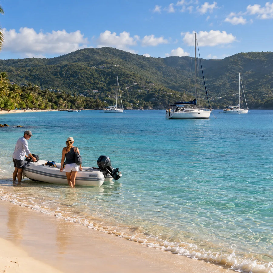 Two cruisers stand beside an inflatable dinghy at a sandy shoreline, with sailboats and a power cruiser in the bay.