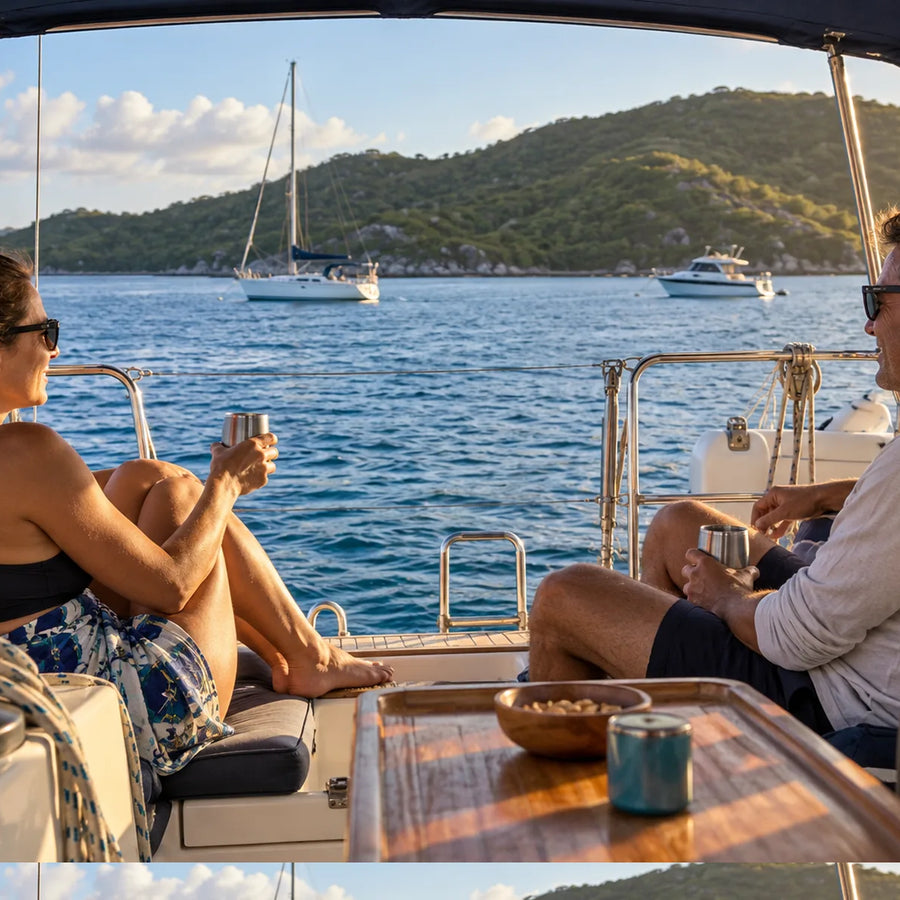 Two people sit beneath a sailboat’s cockpit canopy, with a sailboat, power cruiser, and green hillside across the water.