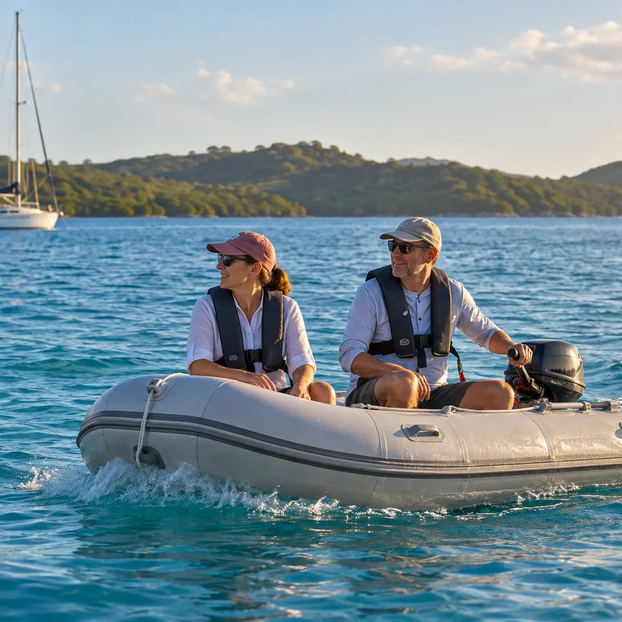 Two adults wearing life jackets ride in a gray inflatable dinghy, with a sailboat, power cruiser and green hills behind them.