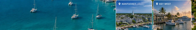 Harbor Atlas sailing destinations collage featuring Mackinac Island, Nantucket, Key West, Leverick Bay, and Anegada with sailboats, marinas, tropical anchorages, and waterfront harbor communities across North America and the Caribbean.