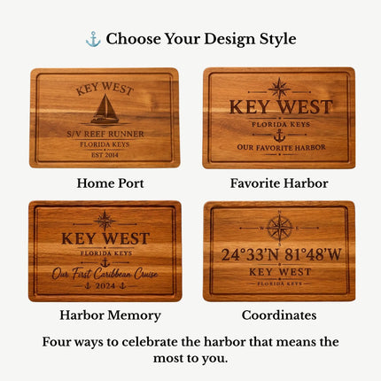 Comparison of Harbor Collection design styles including Home Port, Favorite Harbor, Harbor Memory, and Coordinates personalized cutting board layouts.